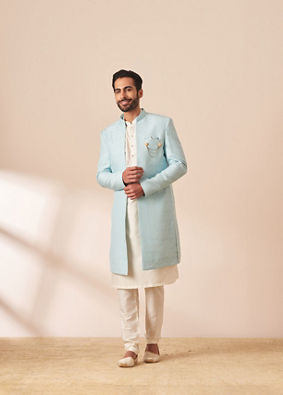 alt message - Manyavar Men Pastel Blue Jacket Style Indo Western image number 1